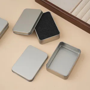 Mini rectangular silver tin box with sponge lining, perfect for small jewelry and hairpins storage.