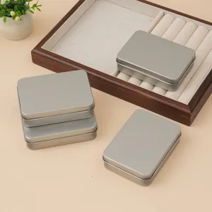 Detail view of rectangular frosted silver tin box, ideal for jewelry storage and small items.