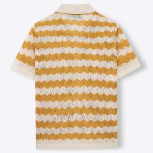 Back detail view of retro yellow and white chevron knit polo shirt with hollow out texture.