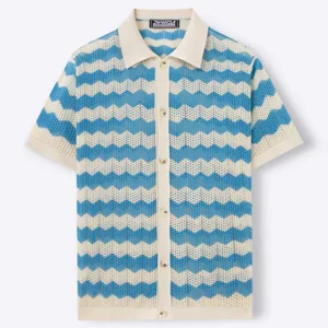 Close-up detail of summer men short sleeve knit polo shirt with blue white wave pattern.