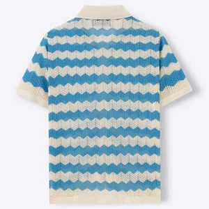 Blue and white chevron knit polo shirt detail, highlighting knit texture and classic polo collar.