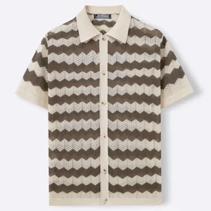 Men's retro knit polo shirt short sleeve brown white wave pattern casual summer top