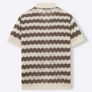 Detailed back view of men's retro knit polo shirt featuring stylish brown-white wave patterns.