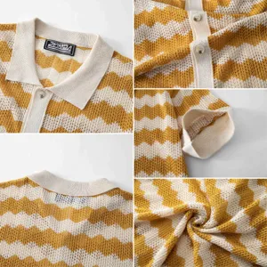 Close up details of retro striped knit polo shirt, featuring collar, buttons, and fabric texture.