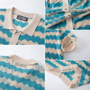 Detailed view of men's retro wave knit polo shirt, featuring short sleeves and lapel.
