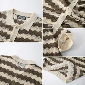 Men's Vintage Wave Pattern Knit Polo Shirt Summer Short Sleeve Casual Openwork Top