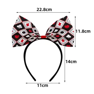 Poker theme party bow headband detail view showing product dimensions and card patterns.