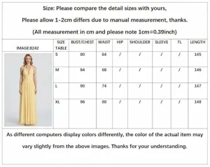 Size chart and measurement details for the elegant solid V-neck halter maxi dress.