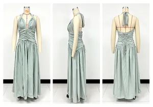 Solid color deep V halter neck lace-up sleeveless slim fit long dress detail view