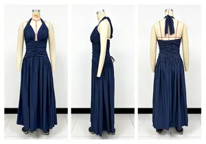 Solid color deep V halter lace-up sleeveless high slit slim maxi dress for elegant women