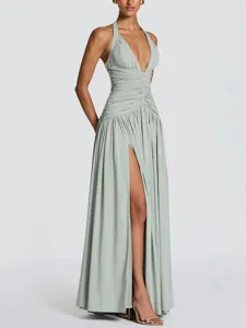 Elegant sage green halter deep V high slit maxi dress for women, stylish sleeveless evening party gown.