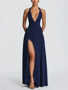 Stunning navy blue halter deep V neck high slit sleeveless maxi dress for women.