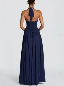 Dark blue halter backless maxi dress for women, elegant sleeveless evening dress.