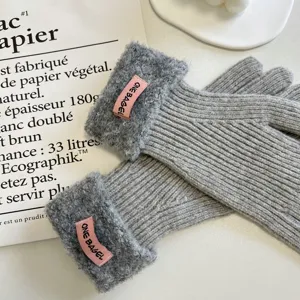 Graue Strickhandschuhe mit weichen Plüschbündchen für Winter Radfahren winddicht