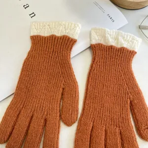 Winter warm knitted gloves for women, fleece lined touch screen wool five finger gloves.