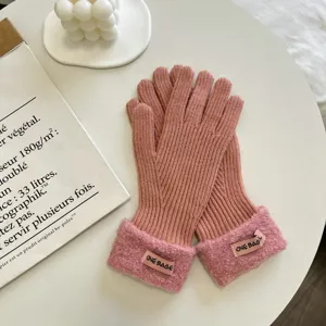 Damen Winter Warm Strickhandschuhe Webpelz Aufschlag Verdickt Winddicht Thermo Einfarbig Fingerhandschuhe Outdoor Radfahren Mode