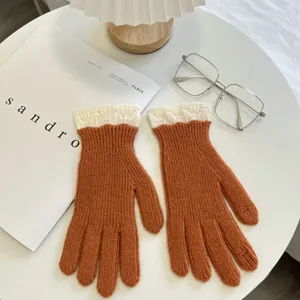 Women's winter warm knit gloves with contrast white textured cuffs, cozy and stylish daily wear.