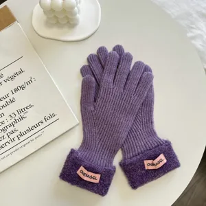 Lila Strickhandschuhe Damen Winter warm thermische dicke Plueschmanschette Fäustlinge