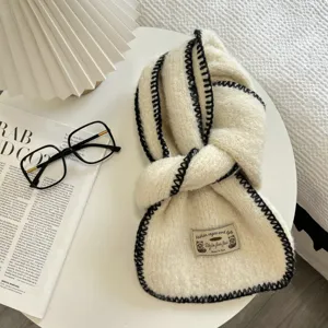 Women Knit Boucle Scarf Solid Color With Contrast Trim Fabric Label Warm Soft Autumn Winter Neck Warmer Shawl Daily Wrap