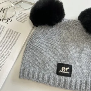 Grey knitted beanie hat with dual black pom poms, cute fuzzy bear ears winter warm cap.