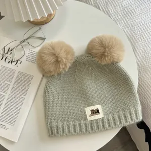 Cute double pom-pom knit beanie winter hat for women and men cozy green wool cap stylish