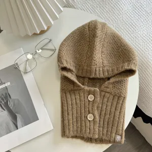Gestrickte Sturmhaube Schal 2in1 warmer Winter Kopfbedeckung Ohrenschützer lässig khaki einfarbig