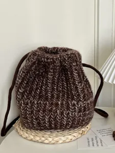 Braune Strick Kordelzug Beutel Tasche Retro Vintage Wolle Umhängetasche Freizeit Tasche