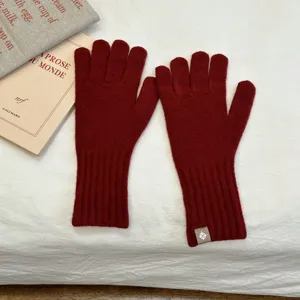 Mujer invierno cálido color sólido lana guantes de punto largos puños acanalados