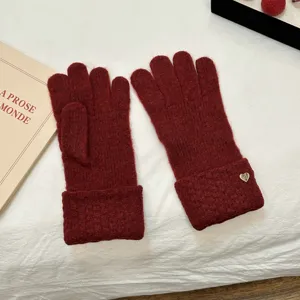 Women winter warm knitted gloves dark red solid thick touchscreen thermal gloves