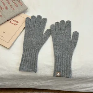 Guantes largos de invierno cálidos de mezcla de lana gris táctil cinco dedos moda.