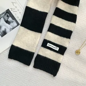 Black and white striped knit scarf detail, y2k style narrow long ribbon fashion accessory for women.