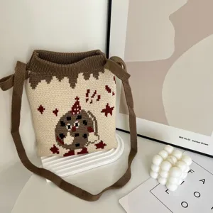 Schattige gebreide schoudertas voor dames, casual cartoonontwerp, comfortabele zachte tas.