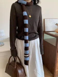 Chic Y2K long striped narrow knit scarf stylish retro colorblock design for women autumn.