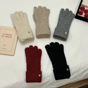 Women Winter Warm Knitted Gloves Thickened Thermal Touch Screen Gloves With Heart Metal Button Elegant Solid Color Ribbed Cuff Mittens For Outdoor