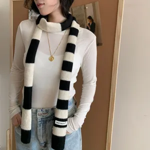 Women Y2K Narrow Knitted Scarf Striped Color Block Long Neck Scarf Autumn Winter Skinny Crochet Knit Shawl Warm Accessories