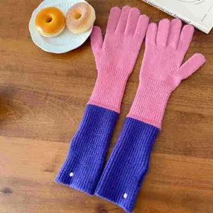 Women color block knit gloves winter warm long fingerless gloves fashion woolen hand wear