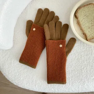 Maillard color block knit gloves women winter warm touch screen fingerless wool gloves