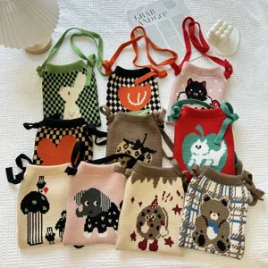 Dames Cartoon Gebreide Schoudertas Polyester Schattig Dier Bloemenpatroon Crossbody Tas Mode Casual Gebreide Draagtas Portemonnee