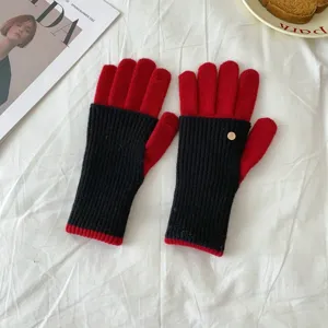 Women color block knit gloves winter touchscreen fingerless warm wool gloves detail shot