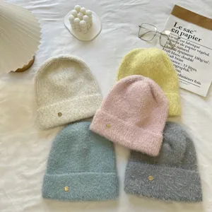 Korean solid color fuzzy rabbit hair knit beanie hat with gold metal tag for women winter warm