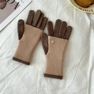 Women's winter warm color-block knitted gloves, dual-use fingerless touch screen design.