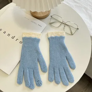 Women light blue knit gloves with white lace cuff winter warm touch screen five-finger gloves