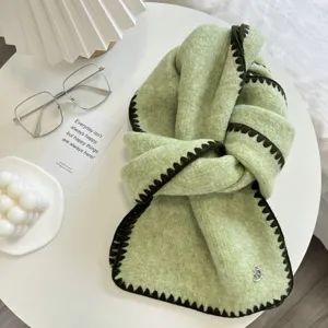 Cozy winter knitted scarf with contrast edge stitching, soft warm retro neck wrap for women.