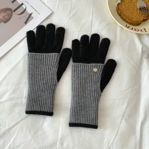Women's winter color-block knit touchscreen gloves, warm fingerless wool gloves for daily wear.