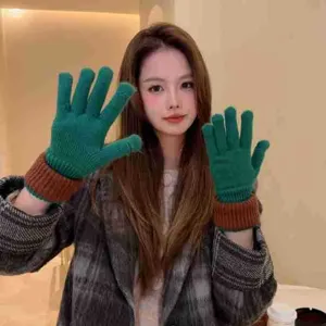 Women's winter knit touch screen gloves, green and brown color block warm thermal gloves.