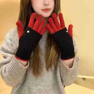Winter color-block knit gloves for women, warm wool touch screen thermal gloves detail view.