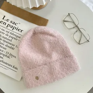 Pink metallic knit beanie hat for women winter warm casual stylish slouchy cap