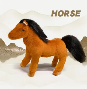 Detailed view of brown simulation horse plush toy with black mane and tail, standing pony.