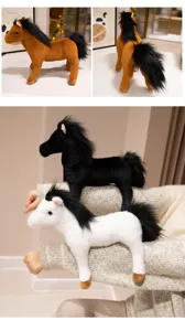 Detailed view of simulation plush horse toy, soft stuffed animal with realistic mane.