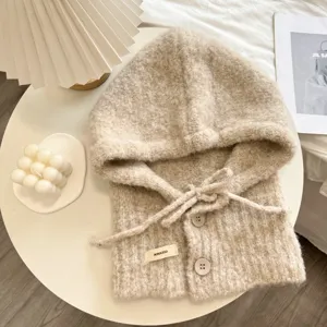 Cagoule tricotee beige echarpe a capuche d'hiver bonnet en laine epaisse chaude avec boutons
